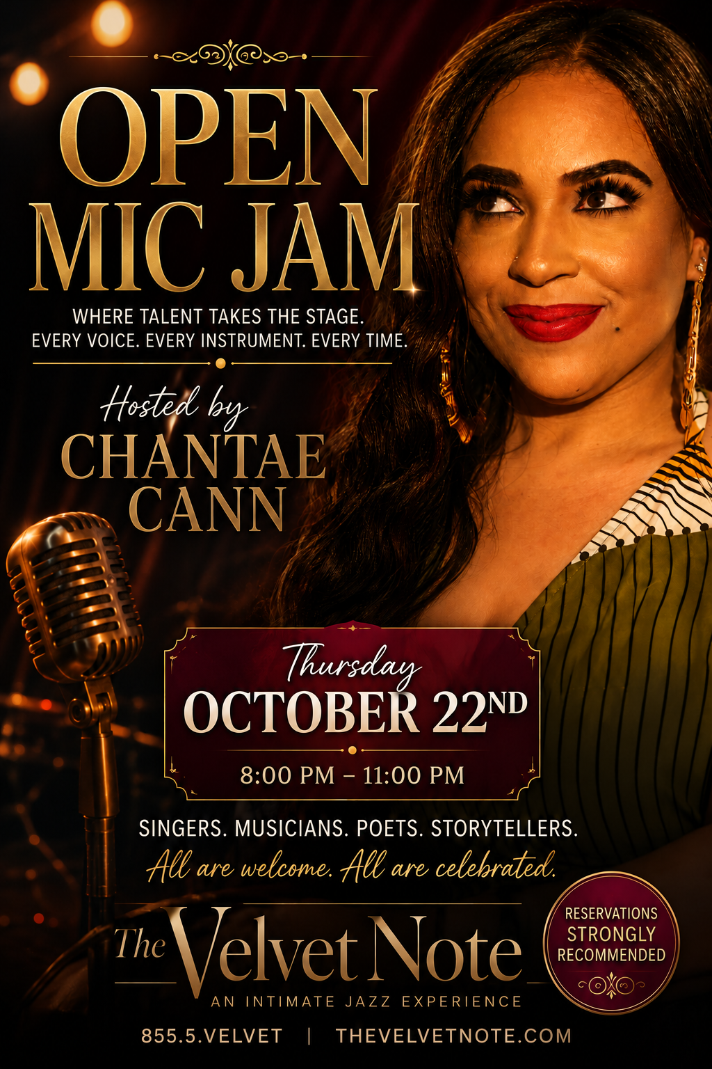 Thursday, October 22nd:  Open Mic Jam Hosted by Singer Chantae Cann